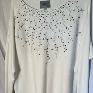 LIV Milano Embellished White Top Women’s  Rhinestone Blouse Holiday Party